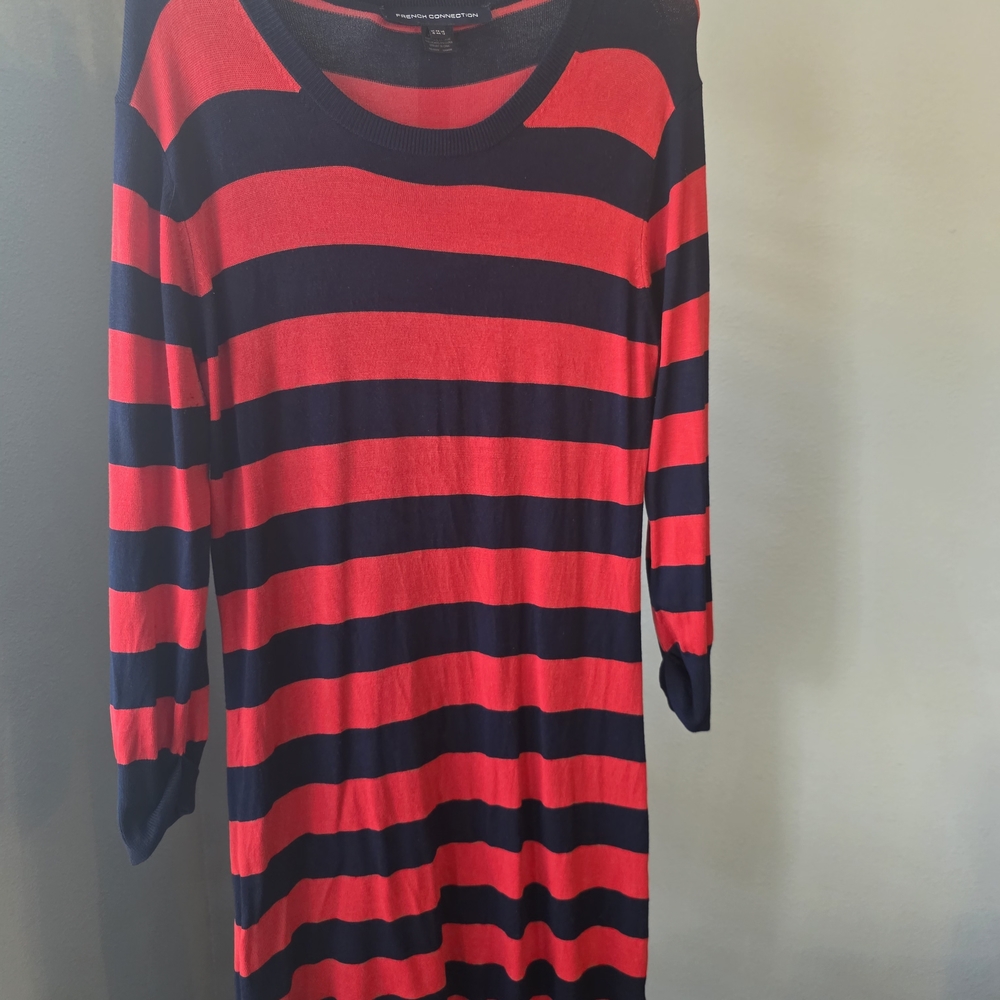 French Connection Sweater Red and Navy Blue Striped Long Sleeve Dress